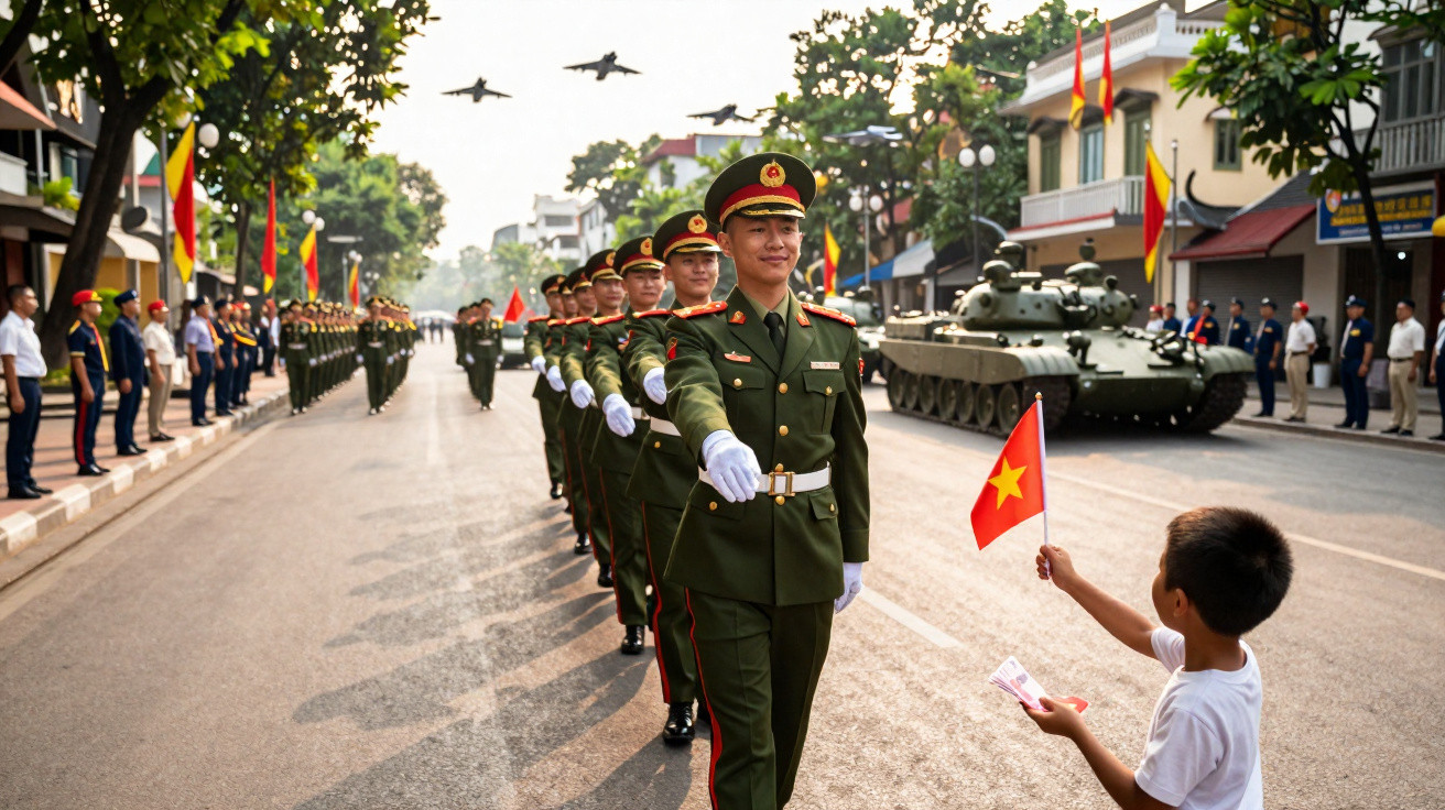Soldados em desfile militar marchando na rua enquanto criança segura bandeira do Vietnã.