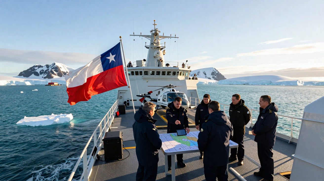 Marinheiros observam mapa em mesa no convés de navio chileno na Antártida com icebergues ao fundo.