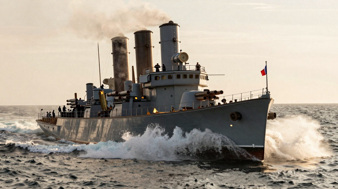 Navio de guerra cinza em alto mar com ondas quebrando na proa e fumaça saindo das chaminés.