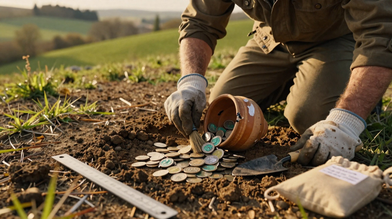 Pessoa escavando moedas antigas em vaso de cerâmica enterrado na terra em área rural durante o dia.