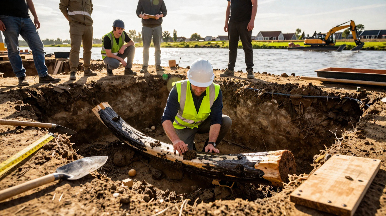 Arqueólogo analisando barco antigo escavado em um sítio arqueológico próximo a água.