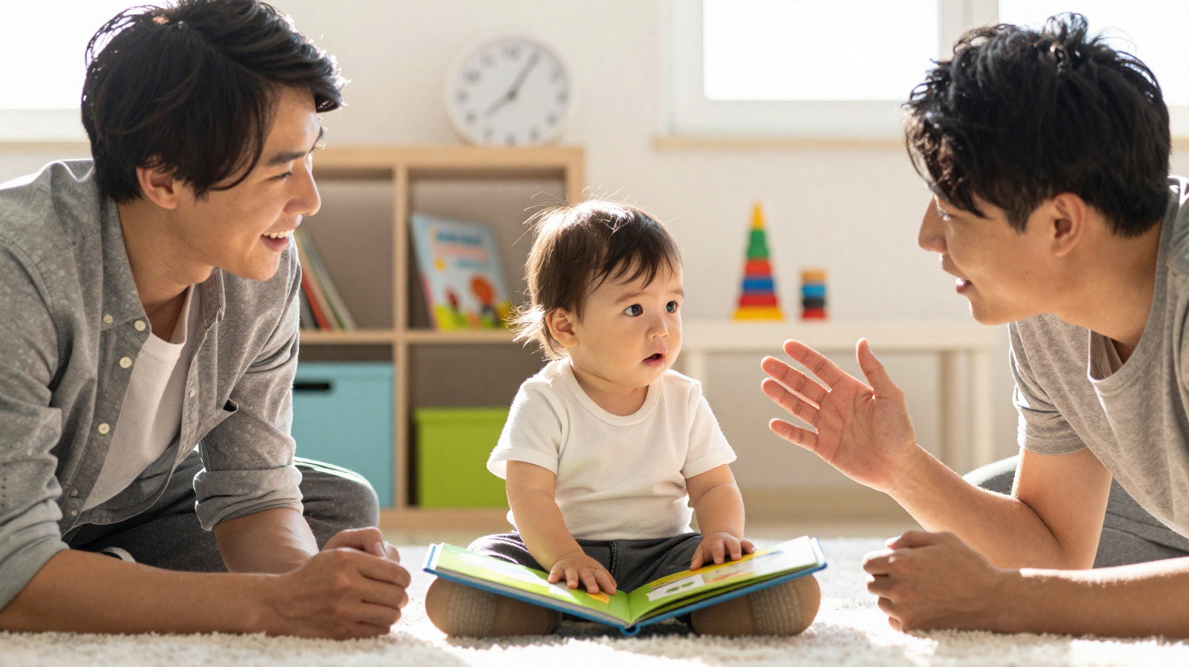 Bebê sentado no chão com livro aberto, interagindo com dois adultos sorridentes em um ambiente iluminado.
