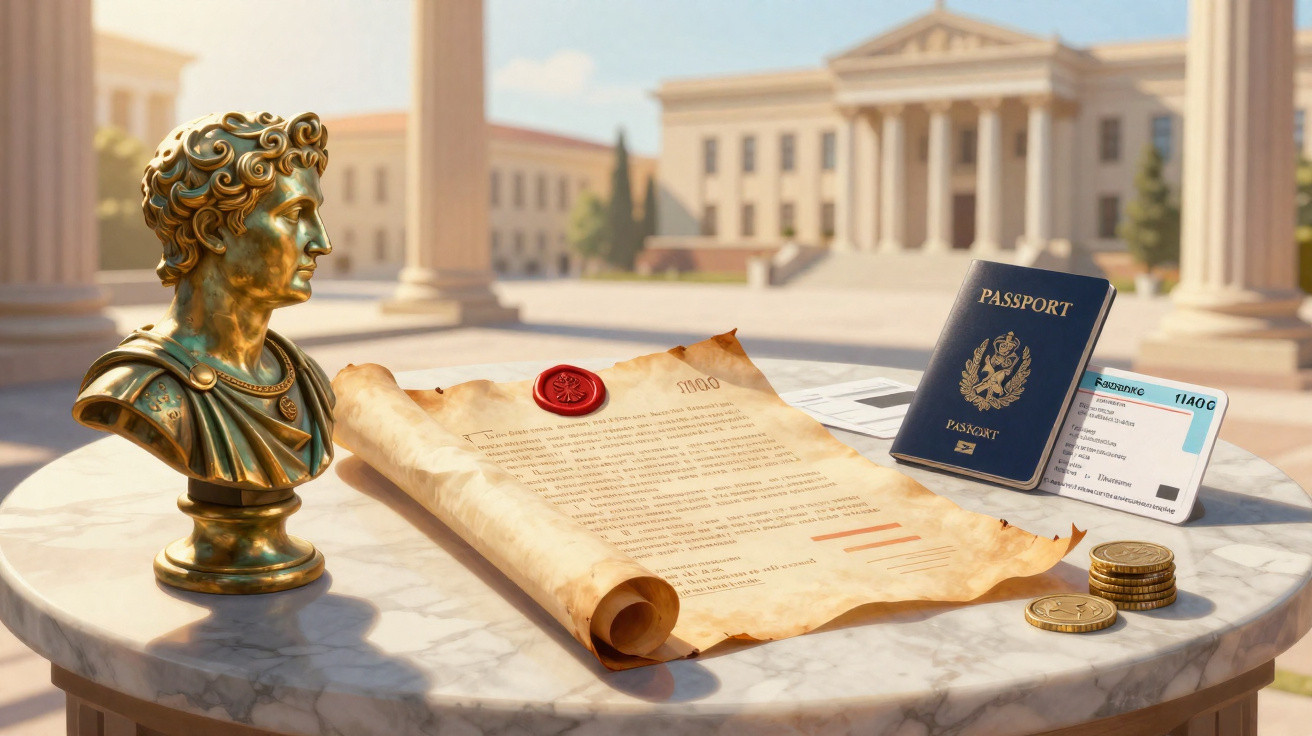 Mesa de mármore com busto romano, pergaminho antigo, passaporte, crachá e moedas em ambiente clássico.