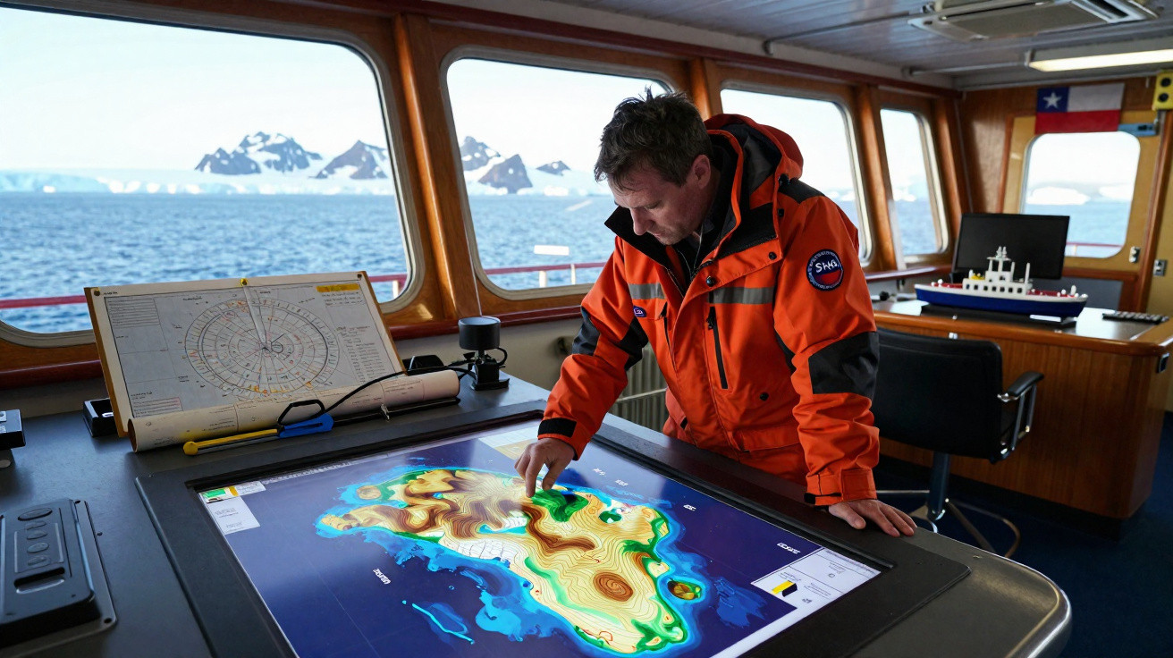 Homem com jaqueta laranja estuda mapa digital em mesa interativa dentro de cabine de navio.