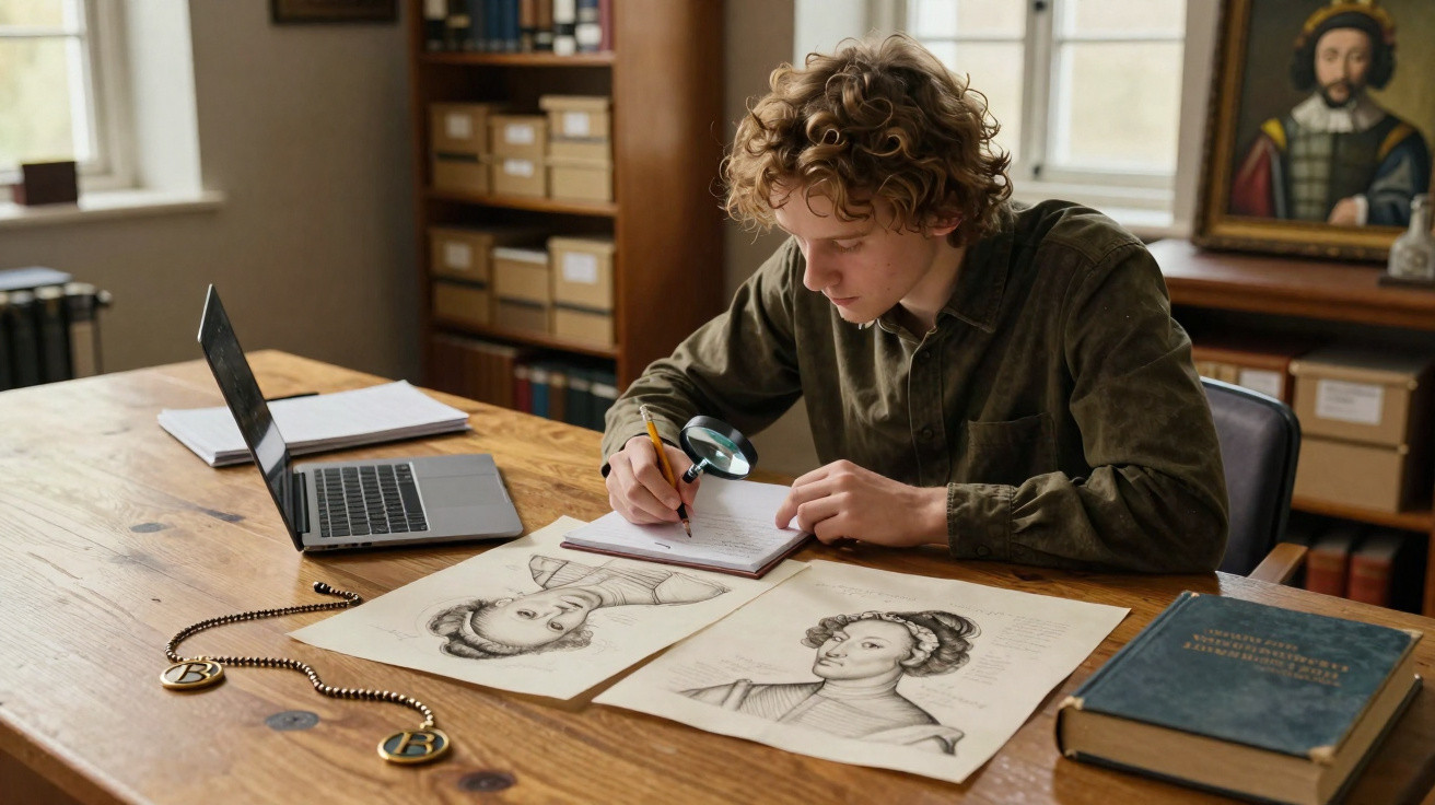 Jovem estudando e fazendo anotações sobre ilustrações históricas em uma biblioteca com laptop aberto.