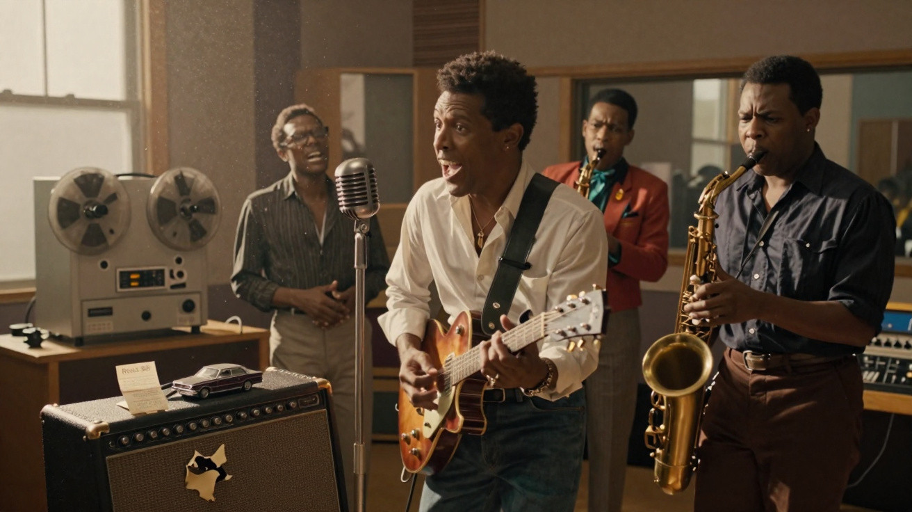 Banda de quatro homens negros tocando guitarra, saxofone e cantando em estúdio com microfone vintage.