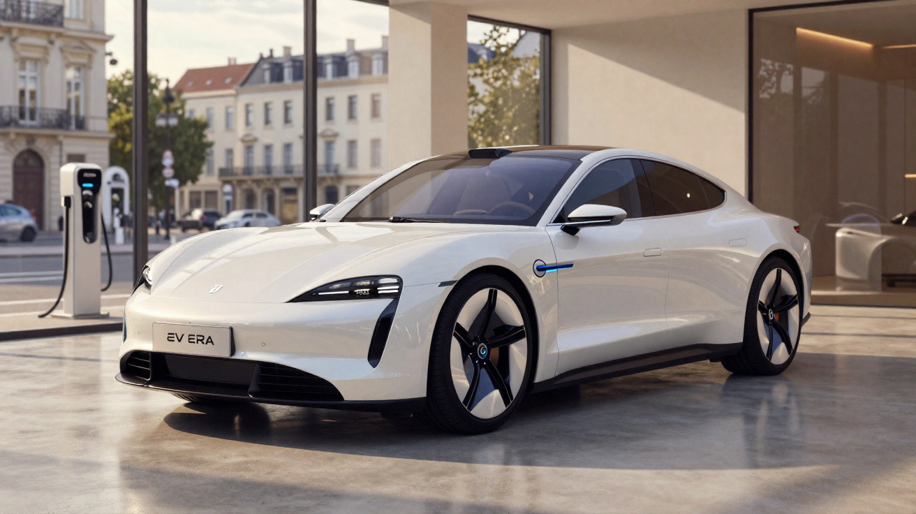 Carro elétrico branco modelo EV ERA estacionado em área urbana próxima a estação de recarga.
