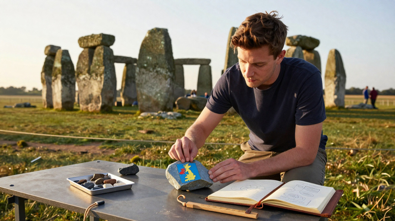 Homem sentado em mesa ao ar livre no Stonehenge, examinando pedra com mapa colorido da Grã-Bretanha.