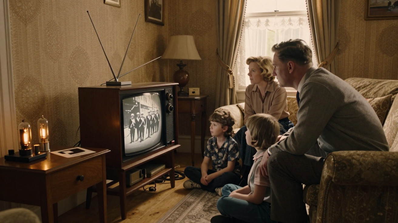 Família dos anos 1950 assistindo TV em preto e branco em sala com decoração vintage.