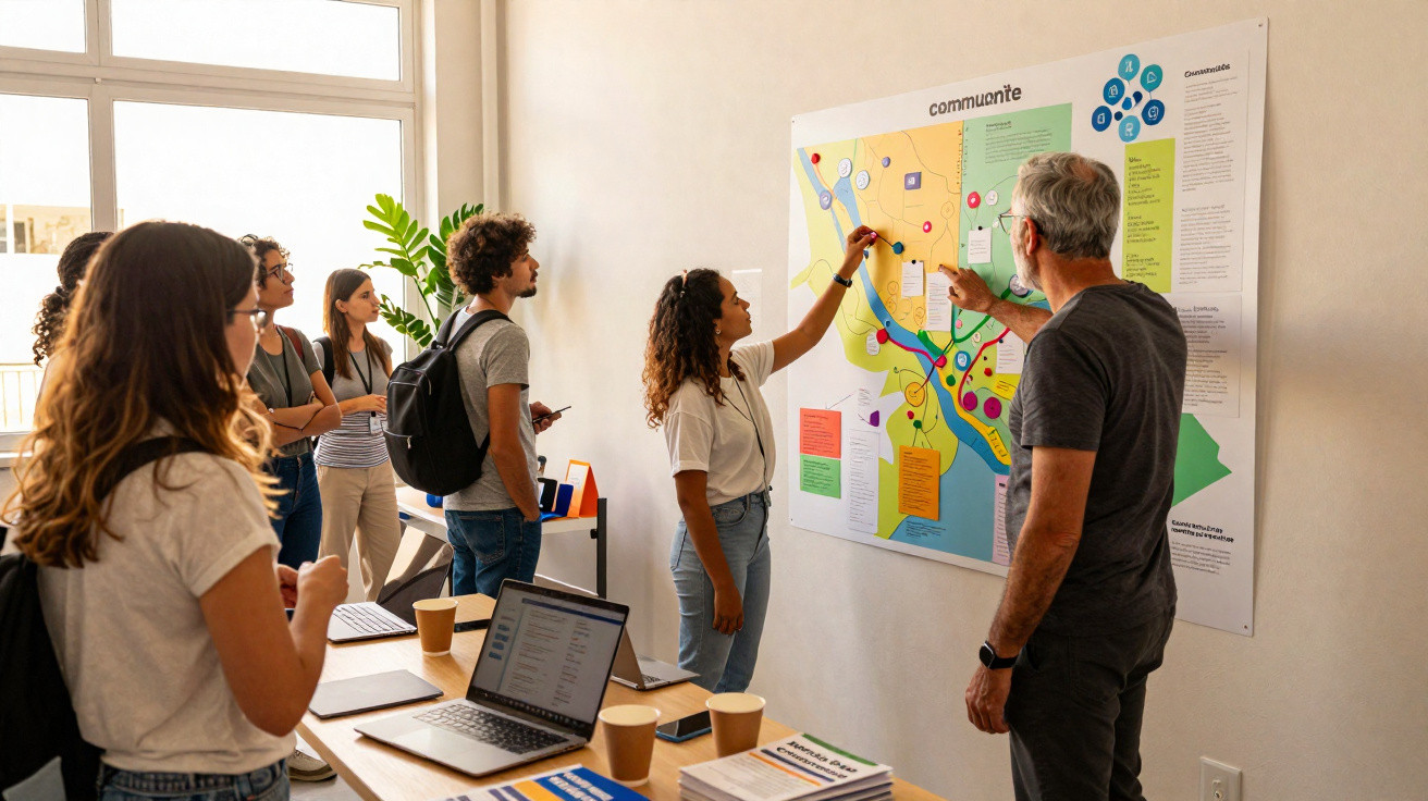 Grupo de pessoas discutindo um mapa colorido fixado na parede em ambiente de escritório.