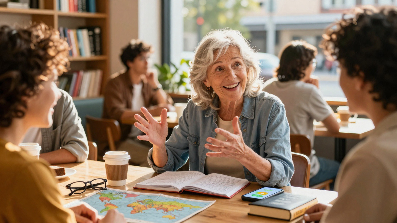 Mulher idosa conversando animadamente com duas pessoas em uma mesa com mapa, livro e café em cafeteria.
