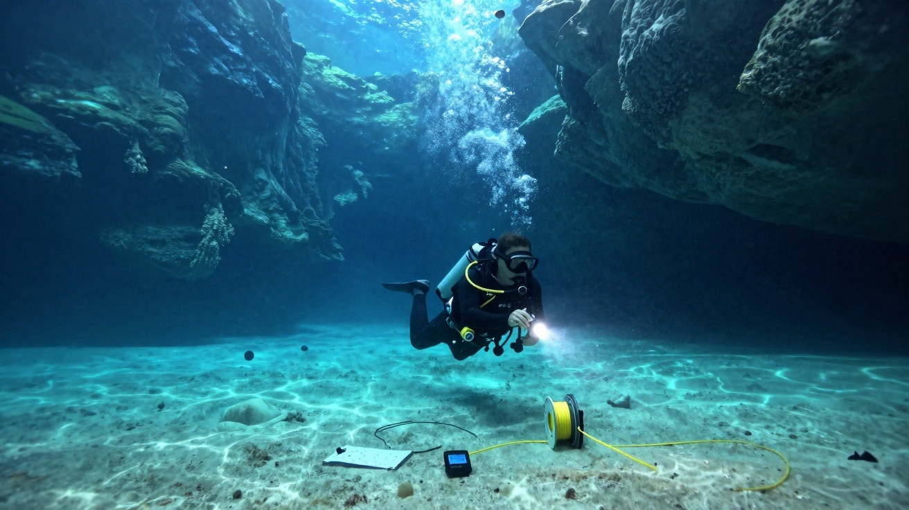 Mergulhador com equipamento e lanterna explorando e coletando dados no fundo do mar entre formações rochosas.