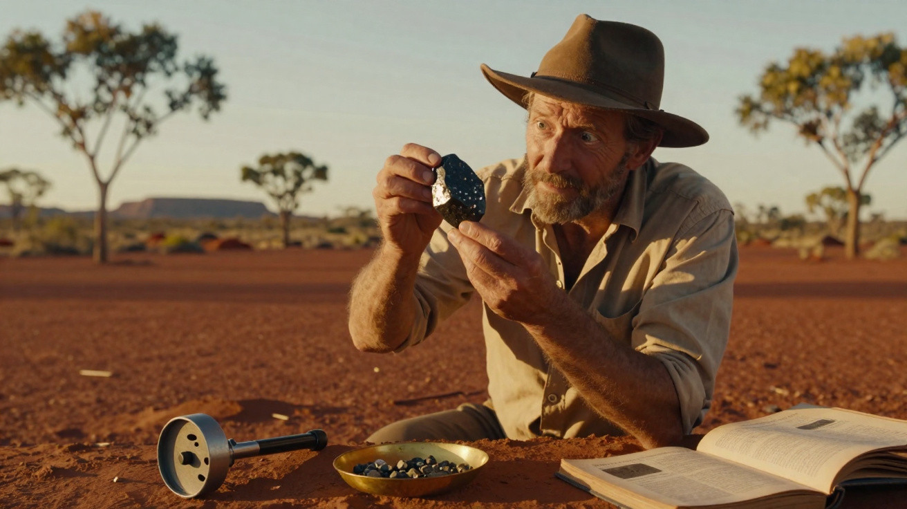 Homem com chapéu examina pedra preciosa no deserto com livro e utensílio ao lado.