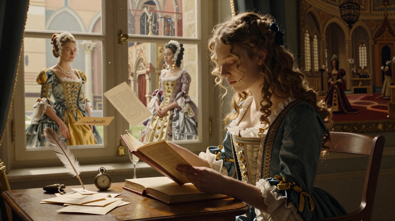 Mulher vestida com traje barroco lendo livro à mesa enquanto outras duas mulheres com roupas da época estão atrás da janela.
