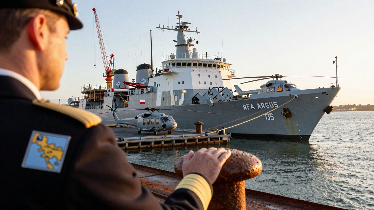 Oficial naval observando o navio de guerra RFA Argus atracado em porto ao entardecer.