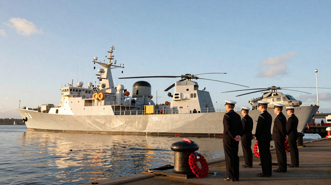 Navio militar cinza ancorado com helicópteros e cinco marinheiros em homenagem no cais ao entardecer.