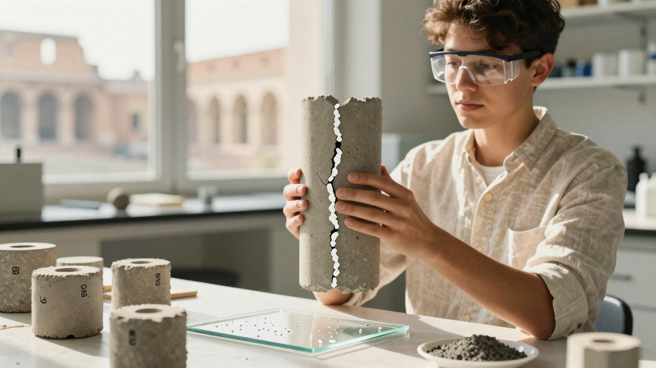 Jovem com óculos de segurança examina tubo de concreto rachado em laboratório de construção civil.