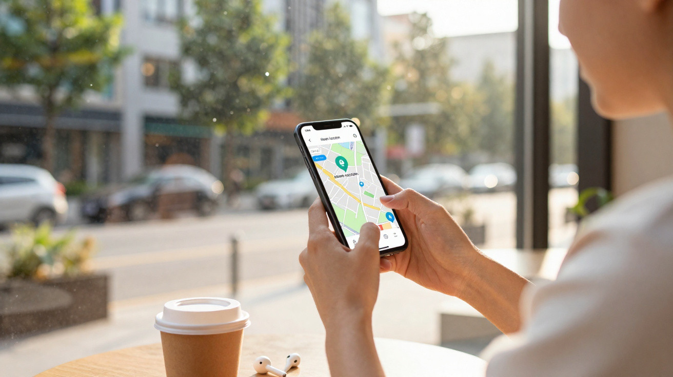 Pessoa usando aplicativo de mapas em smartphone em mesa com copo de café e fones de ouvido.