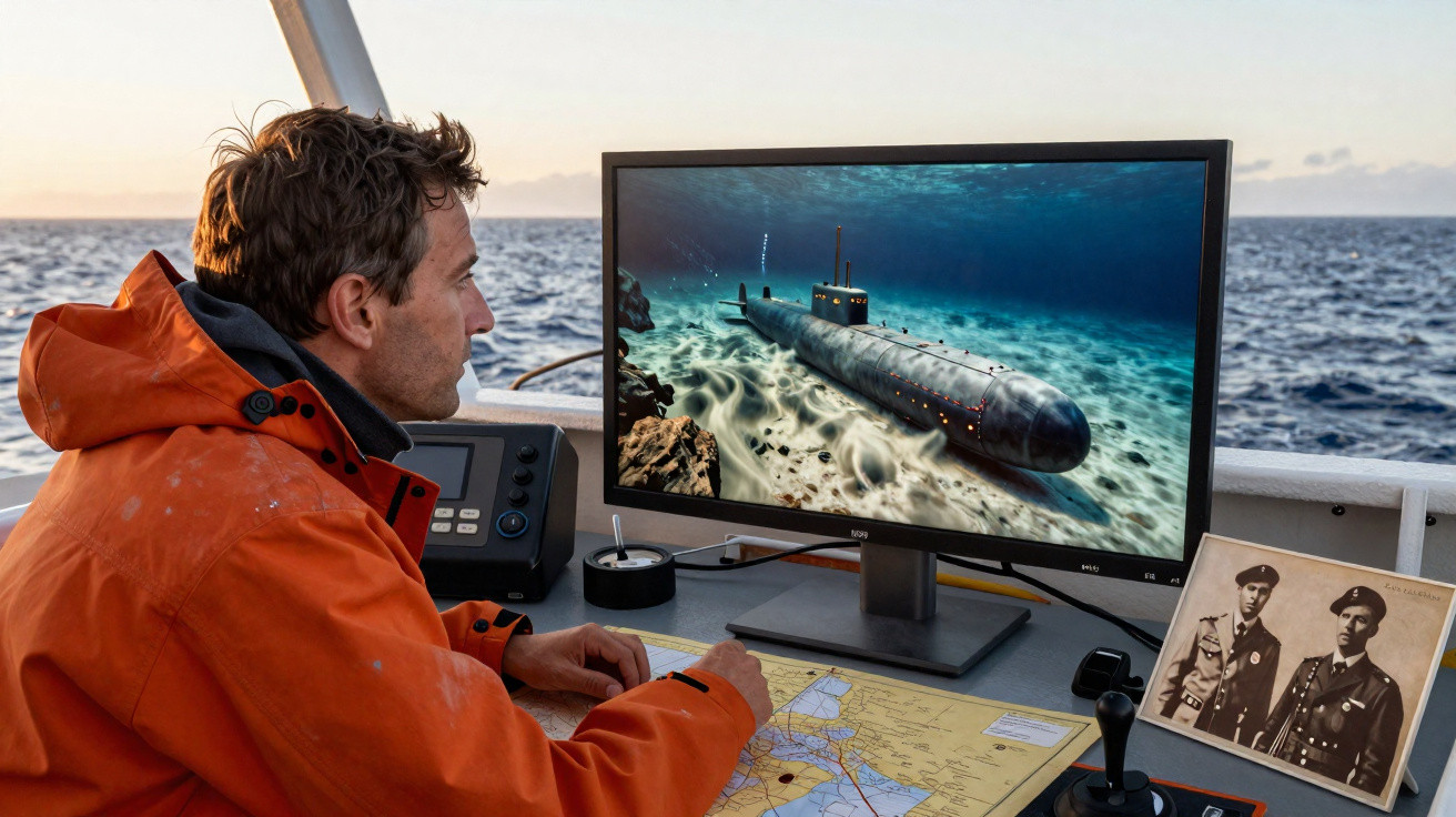 Homem em jaqueta laranja observa monitor com imagem de submarino enquanto consulta mapa náutico em barco.