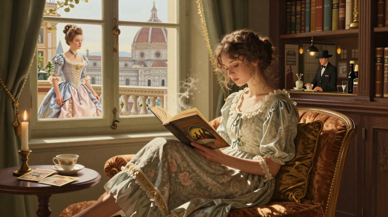 Mulher em vestido antigo lê livro em poltrona, outra observa pela janela com arquitetura renascentista ao fundo.