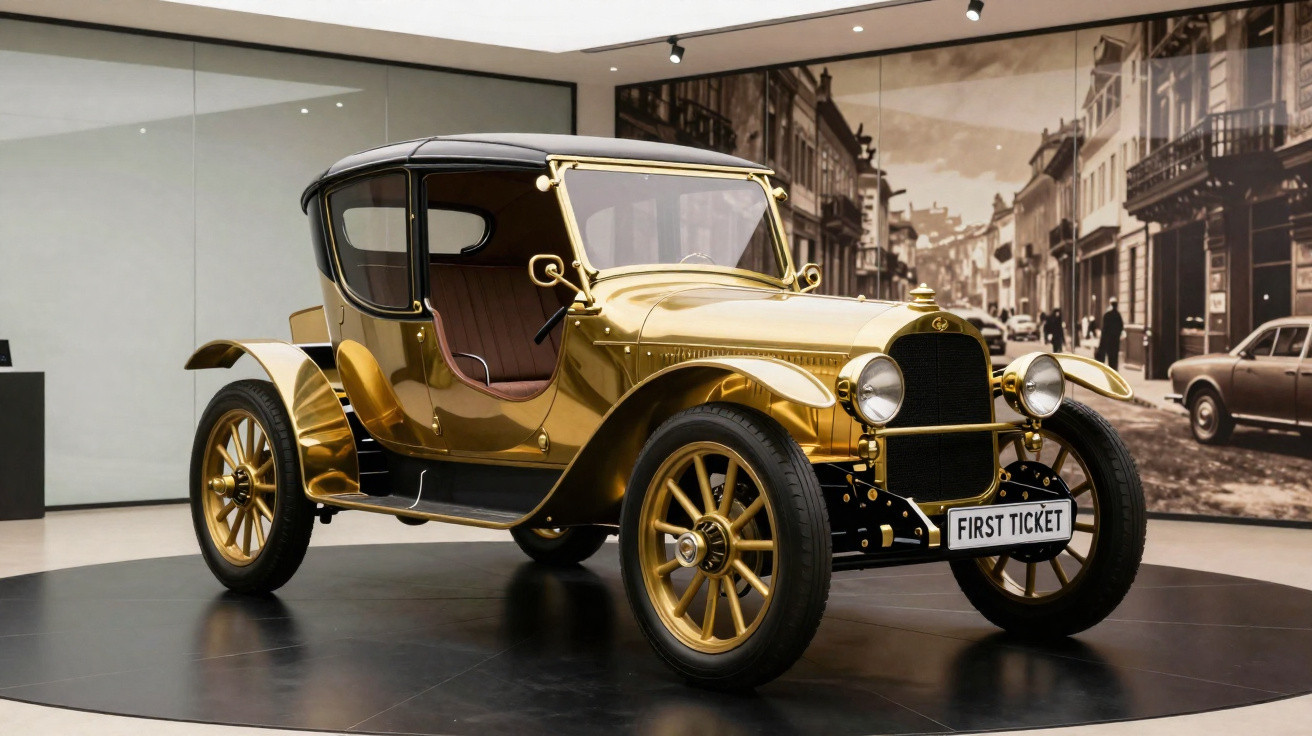 Carro antigo dourado exposto em museu com placa "FIRST TICKET" e fundo em preto e branco de rua histórica.