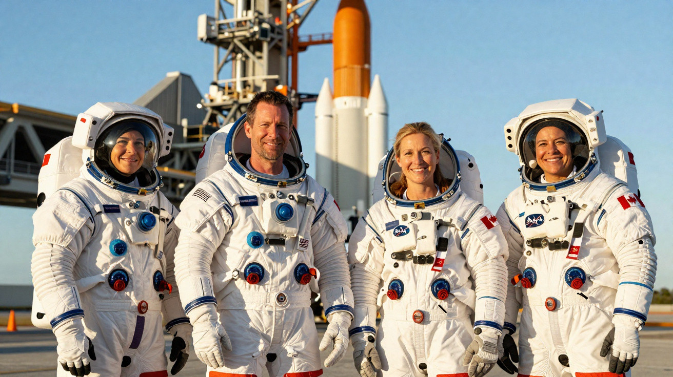 Quatro astronautas em traje espacial posam sorrindo em frente a um foguete na plataforma de lançamento.