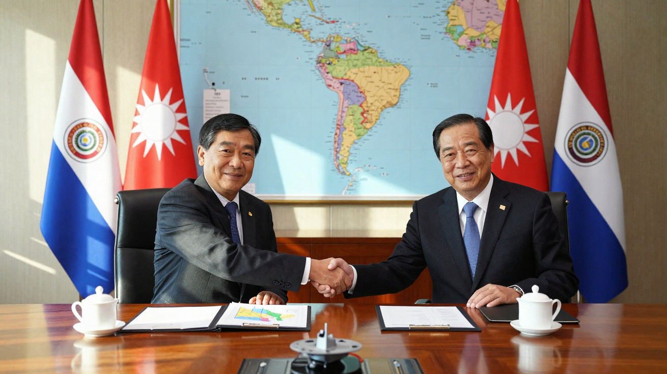 Dois homens de terno apertando as mãos em uma reunião com bandeiras de Paraguai e Taiwan ao fundo.