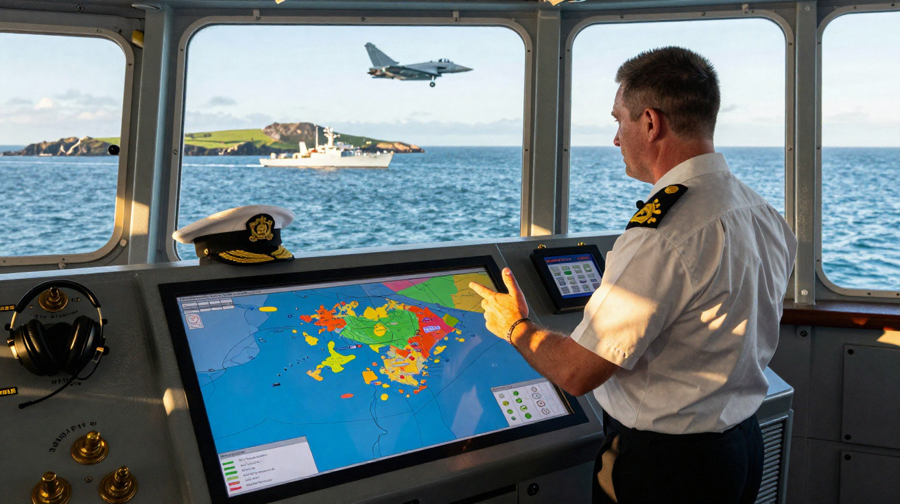 Homem em uniforme naval operando sistema de navegação digital com avião militar e navio visíveis ao fundo no mar.