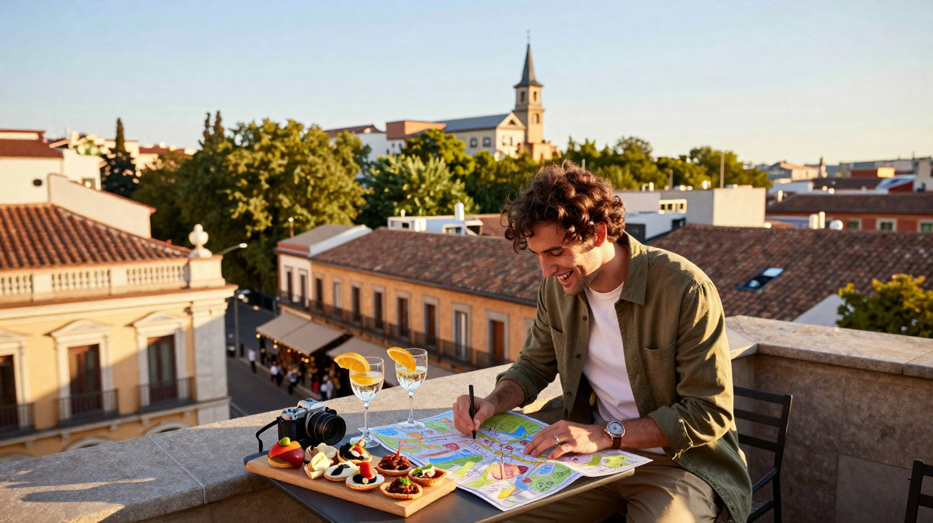 Homem sentado ao ar livre com mapa, petiscos, câmera e drinks em mesa, ao pôr do sol numa área urbana.