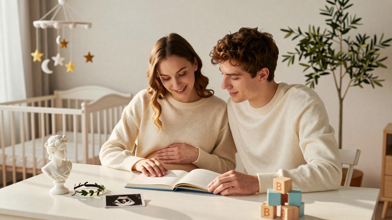 Casal jovem lendo livro em quarto de bebê com berço, bloco de madeira e ultrassom na mesa.
