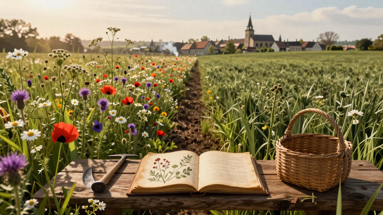 Livro aberto com ilustrações botânicas sobre mesa de madeira entre campo de flores e trigo, aldeia e igreja ao fundo.