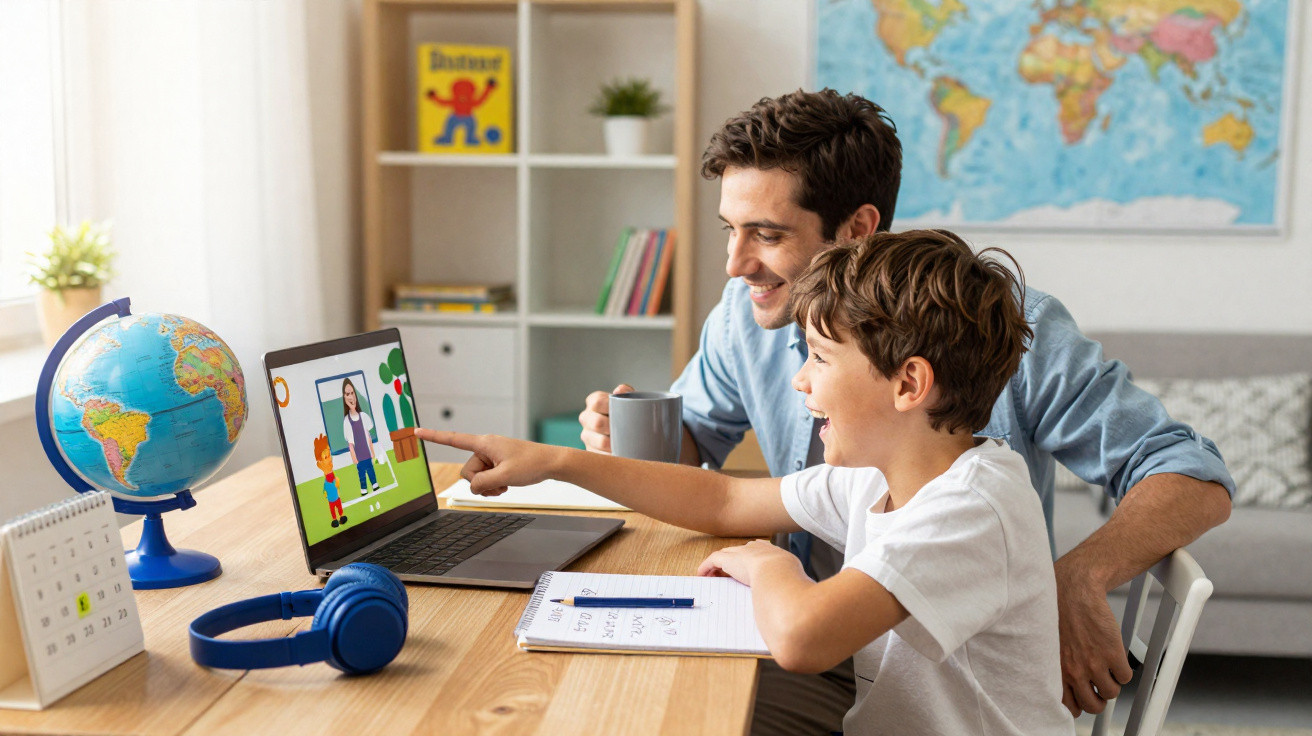 Pai e filho assistem aula online no notebook enquanto estudam em casa, com objetos escolares na mesa.
