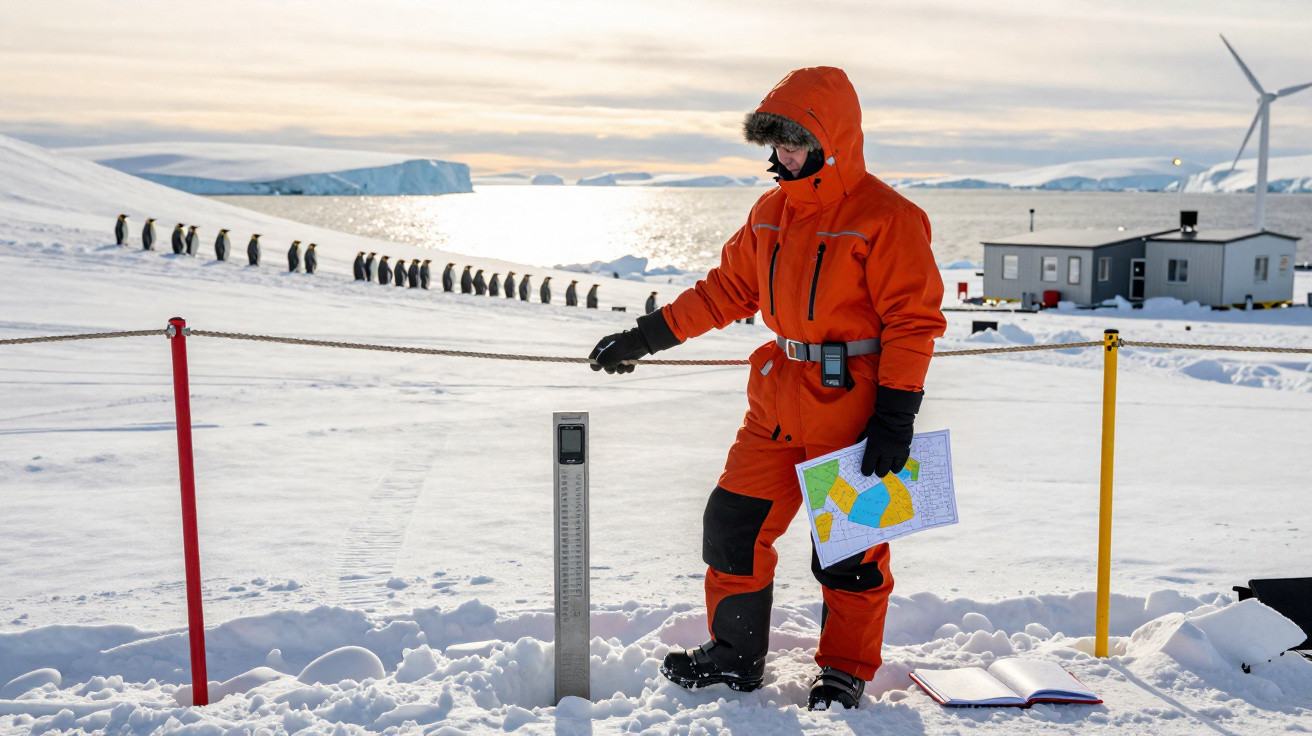 Pessoa vestida com roupa laranja em pesquisa na neve, segurando mapa, com pinguins e turbina eólica ao fundo.
