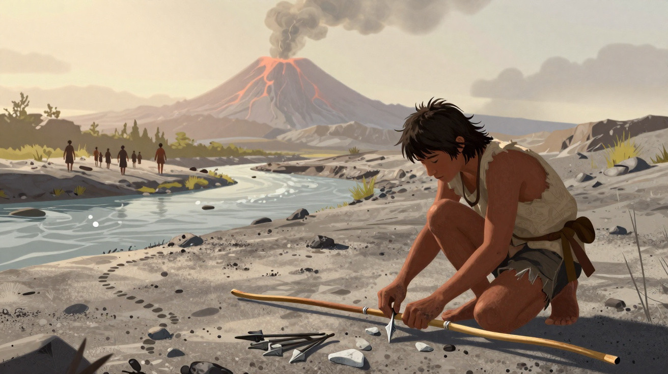 Jovem pré-histórico preparando flechas perto de um rio com vulcão em erupção ao fundo.