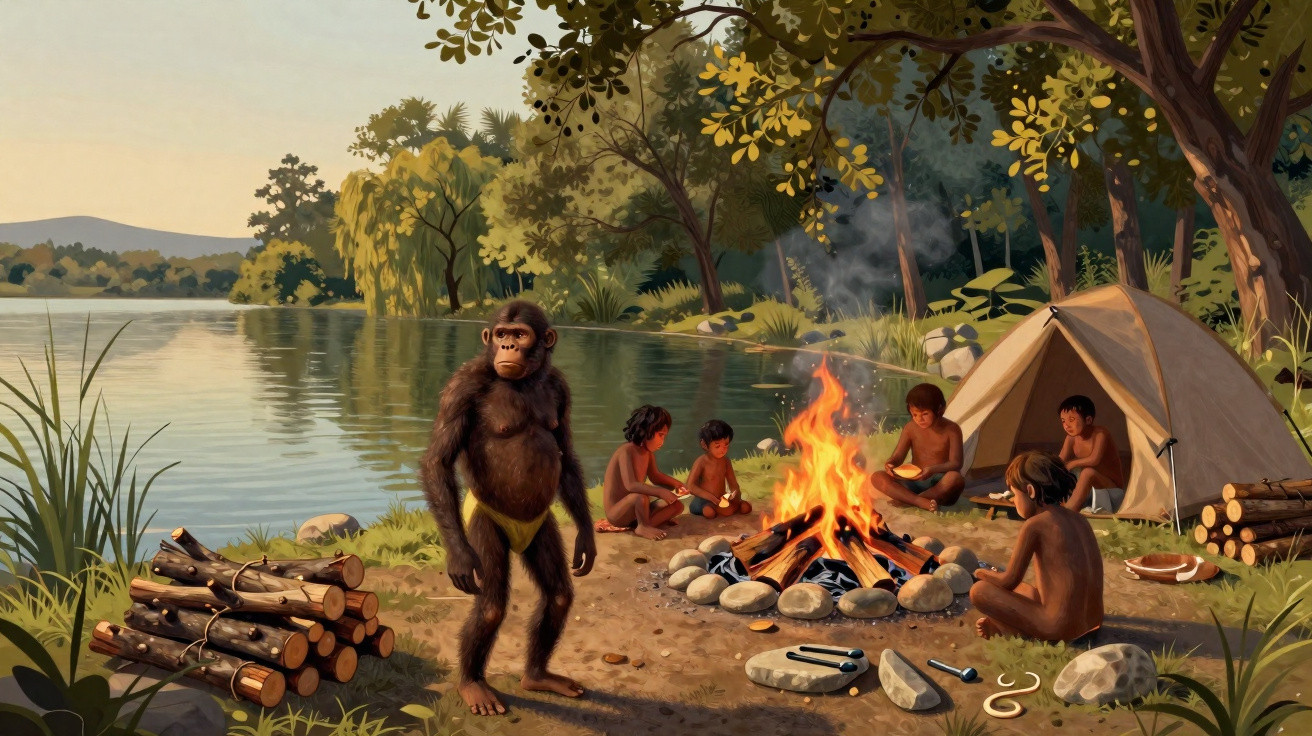 Grupo de hominídeos primitivos reunidos em volta de uma fogueira à beira de um lago, com barraca e madeira.