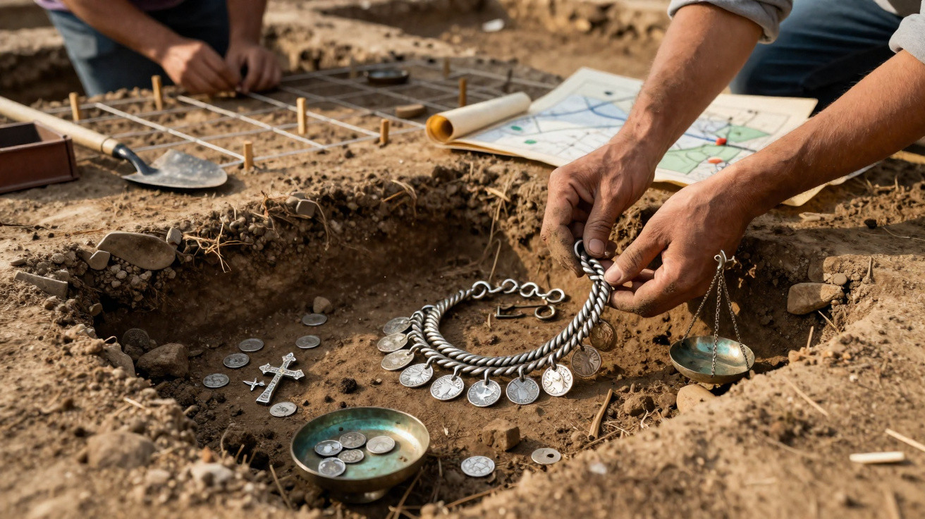 Escavação arqueológica com mãos manuseando joias antigas encontradas no solo entre moedas e uma balança.