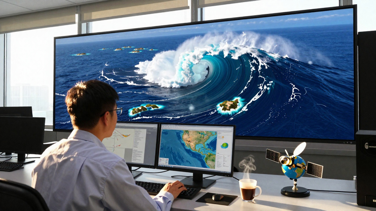 Homem observa simulação de onda gigante e mapa da América em telões em sala de controle moderna.