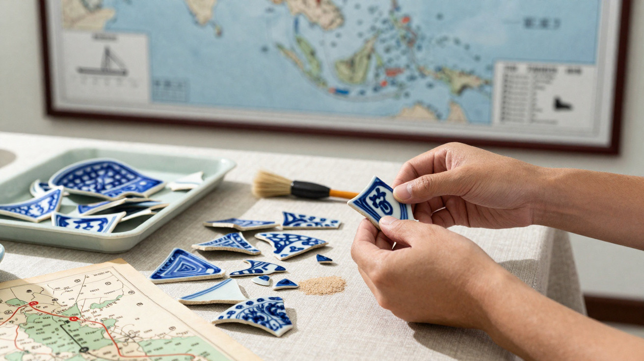 Mãos montando fragmentos de azulejos azuis e brancos sobre mesa com mapa e pincel ao fundo.