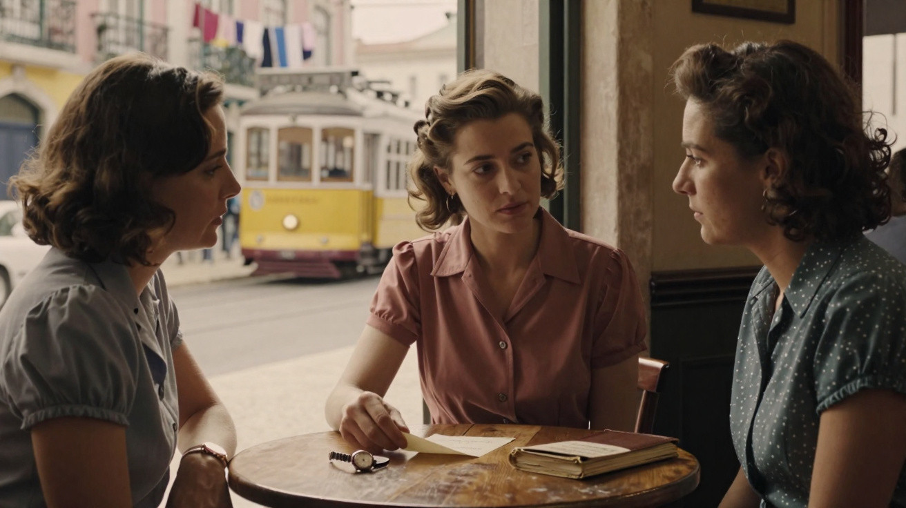 Três mulheres sentadas à mesa conversando em um café, com um bonde amarelo ao fundo na rua.