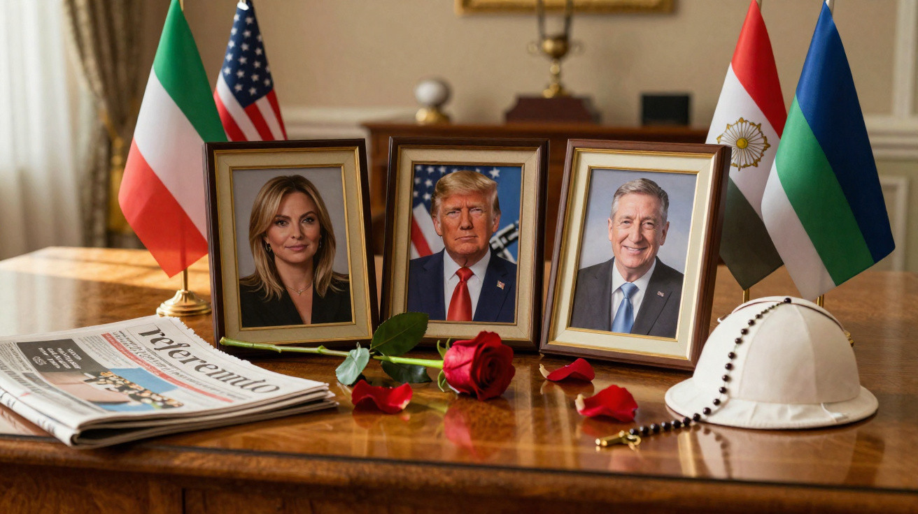 Mesa com fotos em porta-retratos, rosas vermelhas, jornal e chapéu branco, ao fundo bandeiras e ambiente formal.