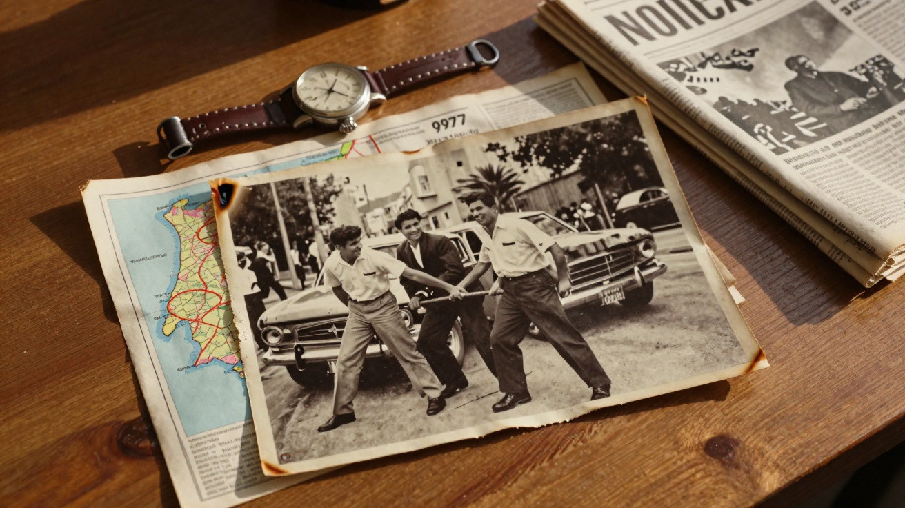 Relógio, mapa, jornal e foto em preto e branco de três homens em pose descontraída na rua diante de carro antigo.