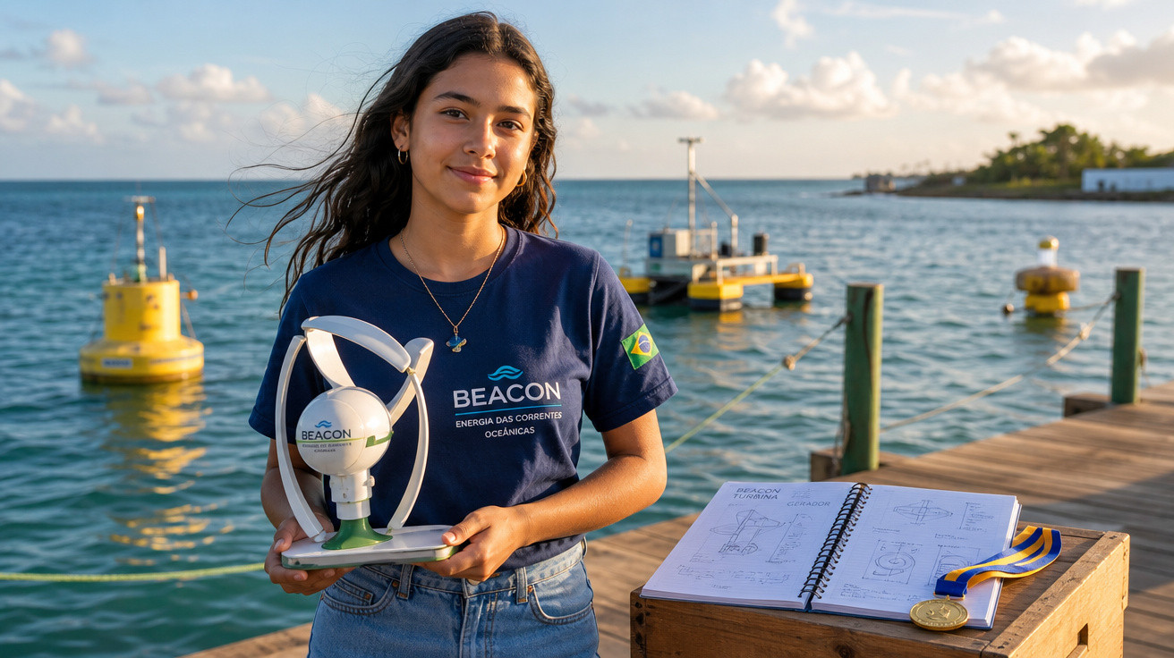 Jovem em um píer segurando modelo de turbina eólica, com mar e equipamentos ao fundo, vestindo camiseta da BEACON.