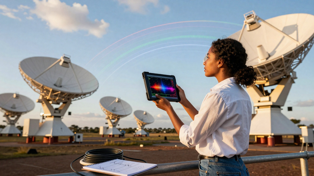 Mulher com tablet perto de antenas parabólicas grandes sob céu azul com poucas nuvens.