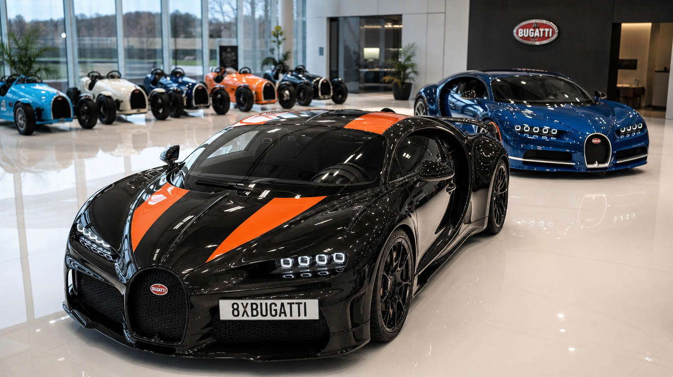 Carros esportivos Bugatti preto com faixa laranja e azul exibidos em showroom brilhante com clássicos ao fundo.