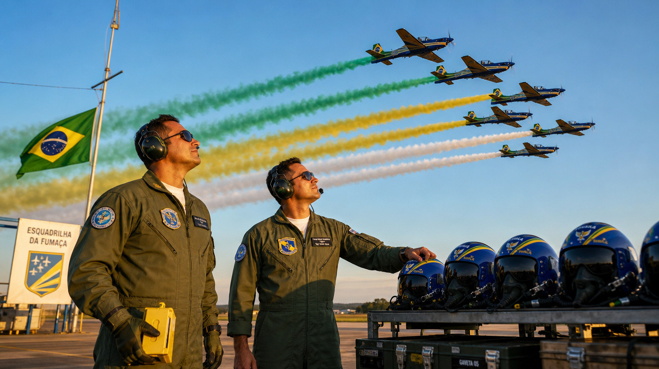Dois pilotos da Esquadrilha da Fumaça observam aviões em voo com fumaça verde, amarela e branca no céu.