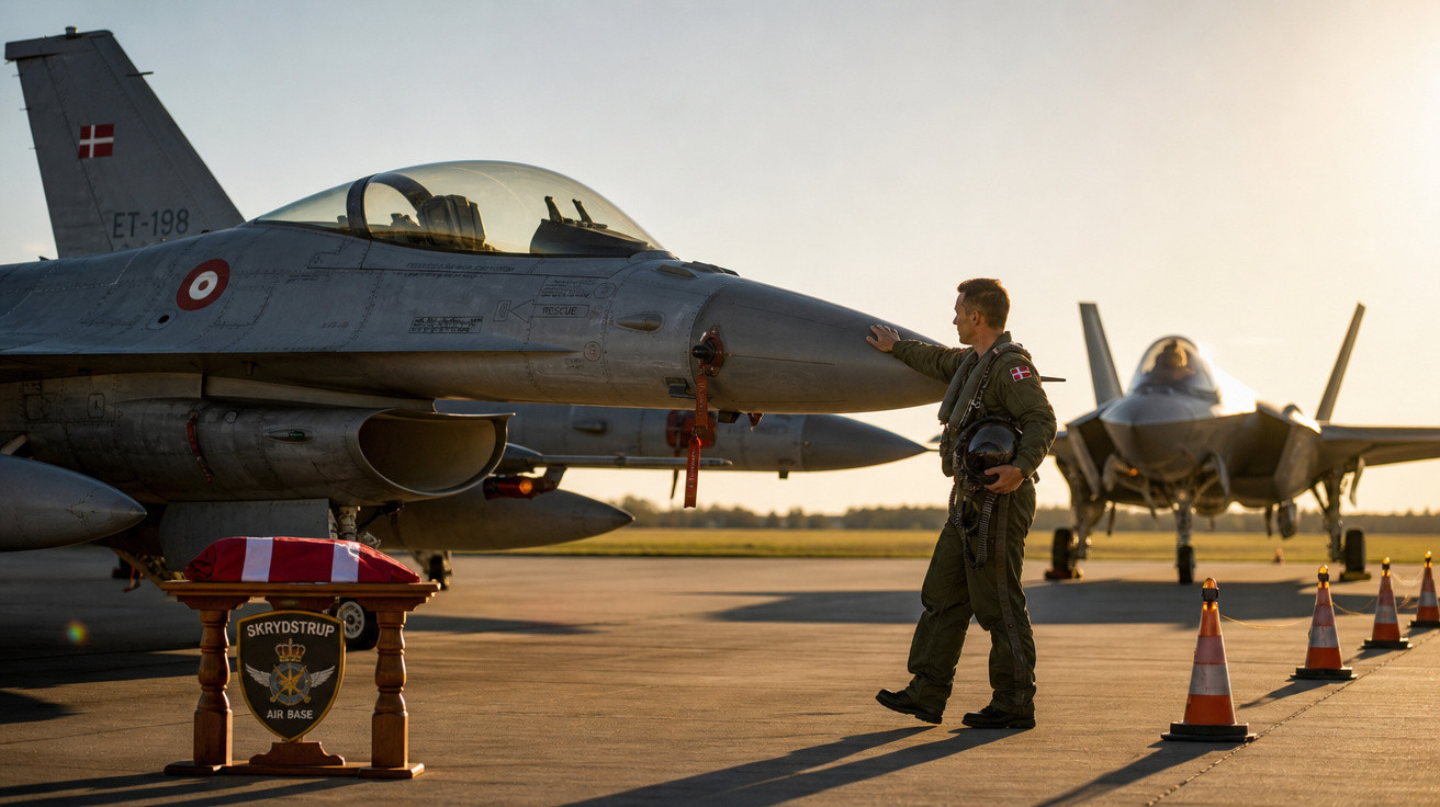 Piloto tocando a dianteira de caça F-16 estacionado em base aérea ao pôr do sol, com caixão homenageando serviço militar.