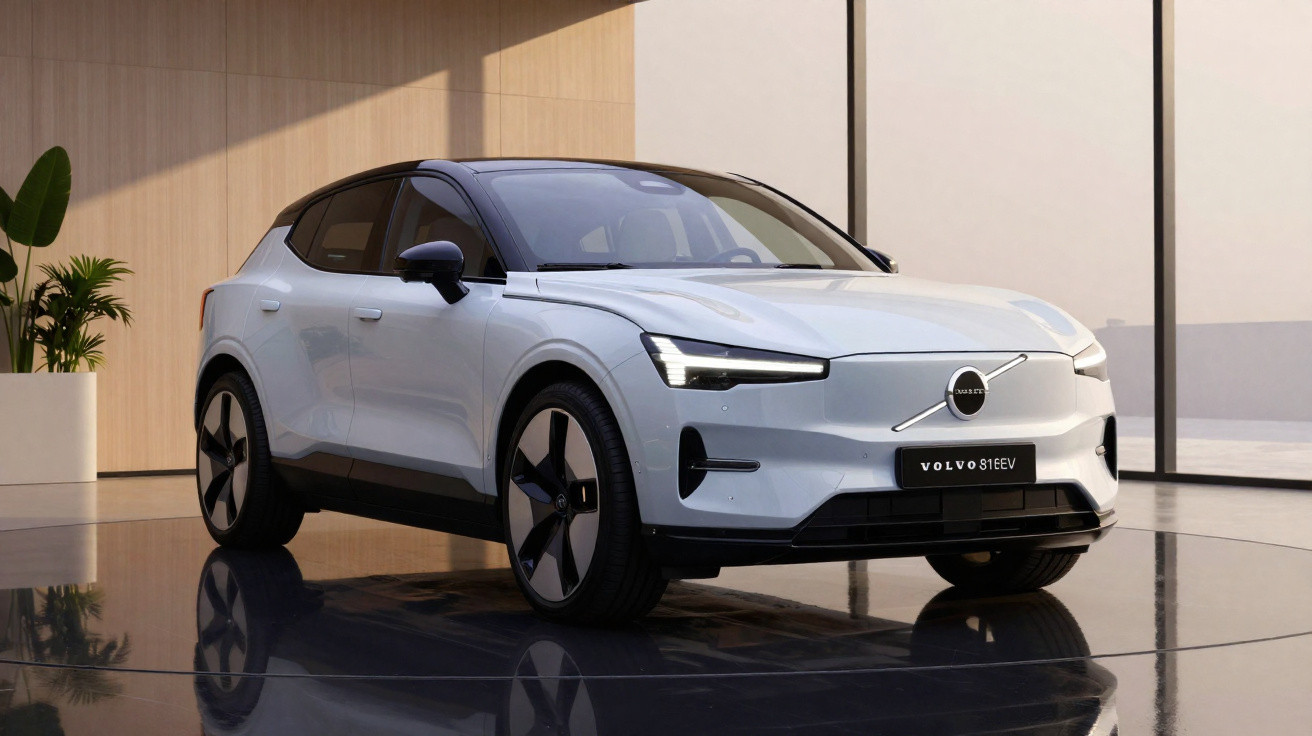 Carro Volvo elétrico modelo 31EEV branco exibido em ambiente interno moderno com plantas ao fundo.