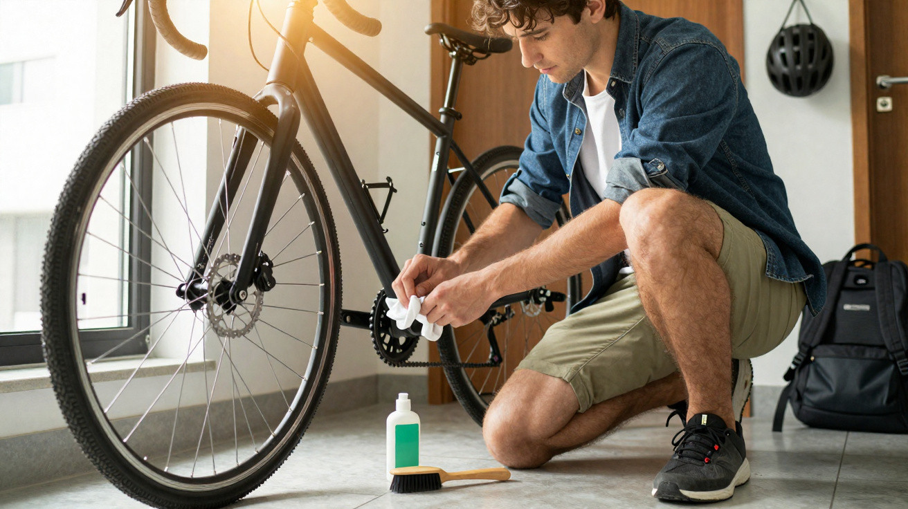 Homem ajoelhado limpando corrente de bicicleta preta dentro de casa, com produtos de limpeza ao lado.