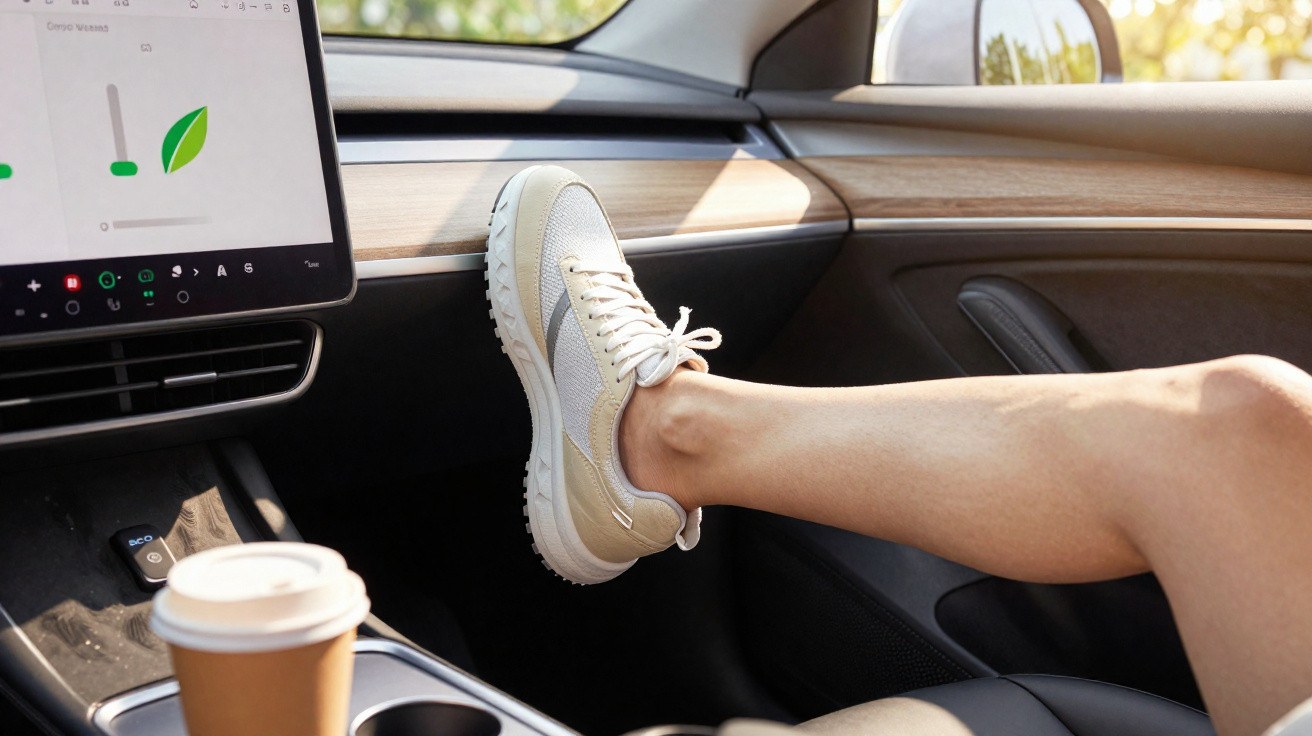 Pessoa descansando com o pé sobre o painel dentro de um carro moderno com café no console.