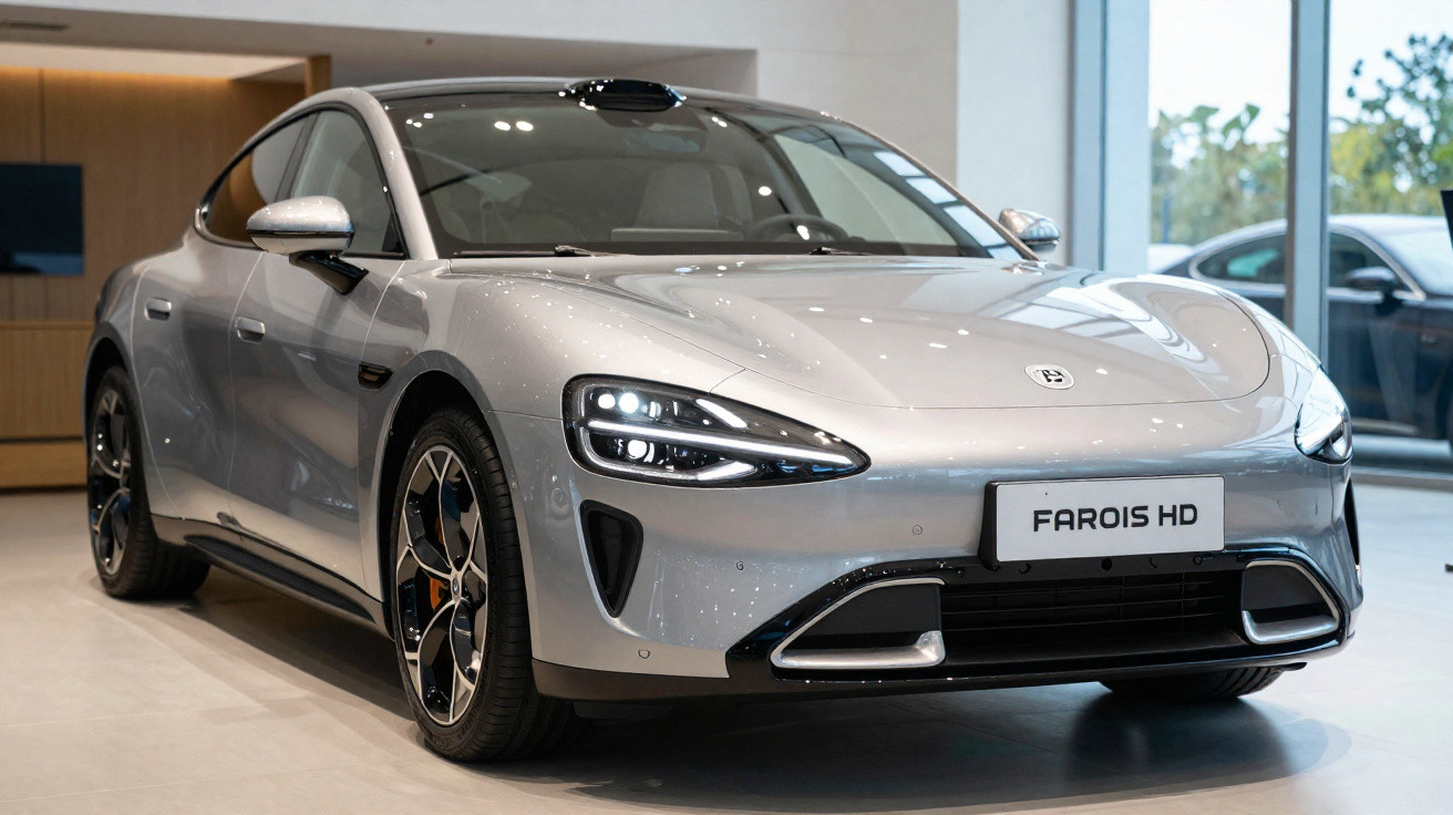 Carro elétrico prata moderno com faróis LED acesos em showroom iluminado e janela grande ao fundo.